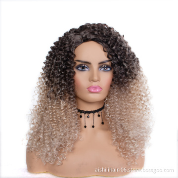 Wholesale heat resistant ombre black hair root to blonde kinky curly long wig hair synthetic hair wigs for women